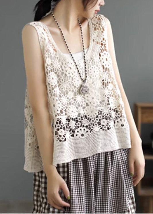 Einfache beige O-Ausschnitt Patchwork Baumwolle Weste ärmellos