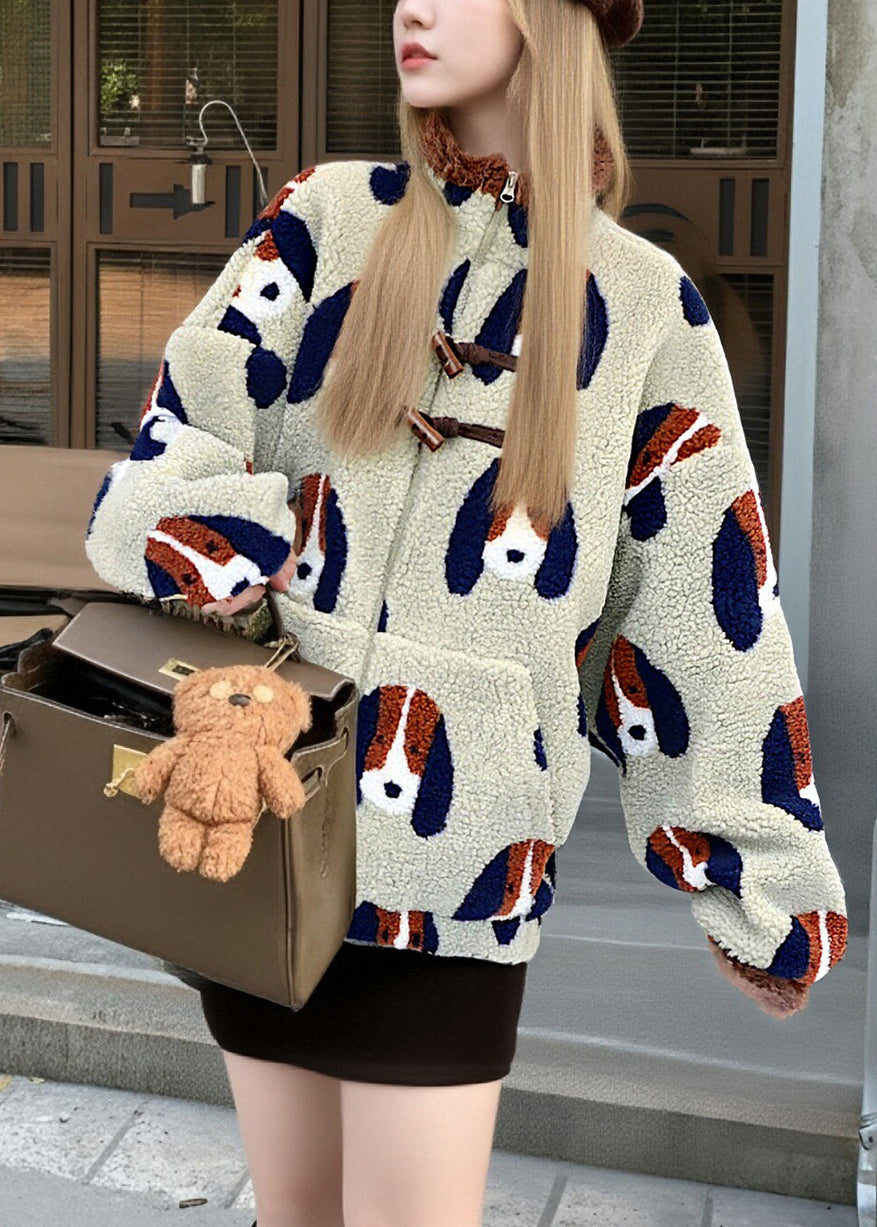 Einfacher, beiger, übergroßer Jacquard-Flauschmantel aus flauschigem Teddyfell für den Winter