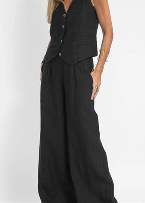 Simple Black Button Waistcoat And Pants Linen Two Pieces Set Summer