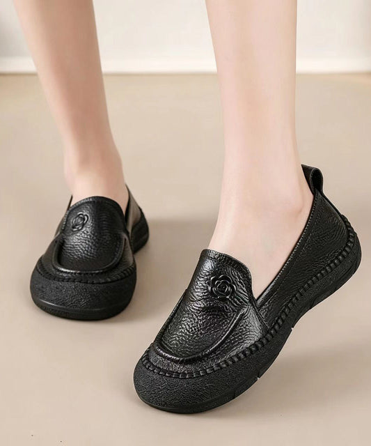 Simple Black Floral Embossed Cowhide Leather Slip On Loafers
