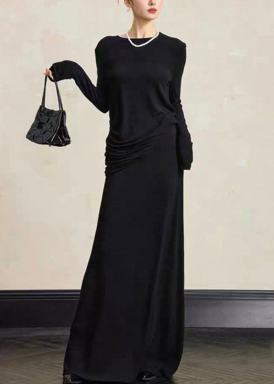 Simple Black O Neck Tops And Skirts Solid Cotton Two Pieces Set Fall