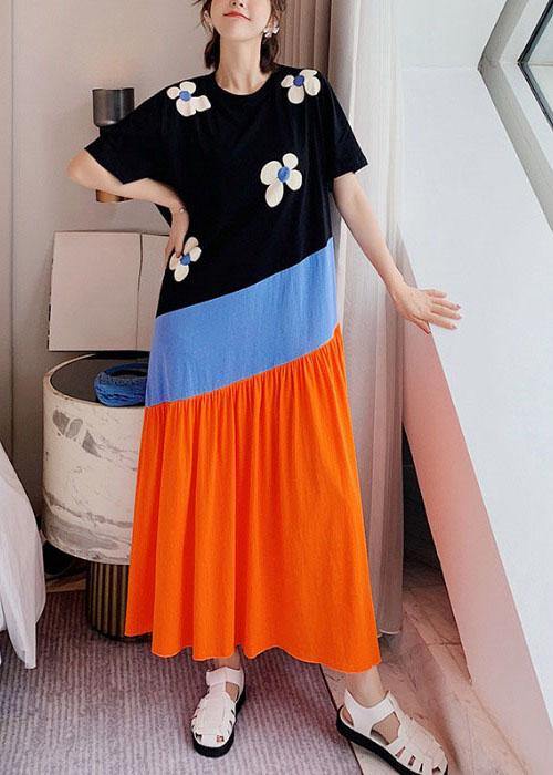 Simple Black Patchwork Print Summer Casual Holiday Dress Short Sleeve - SooLinen