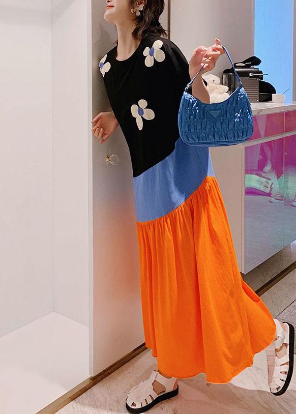 Simple Black Patchwork Print Summer Casual Holiday Dress Short Sleeve - SooLinen