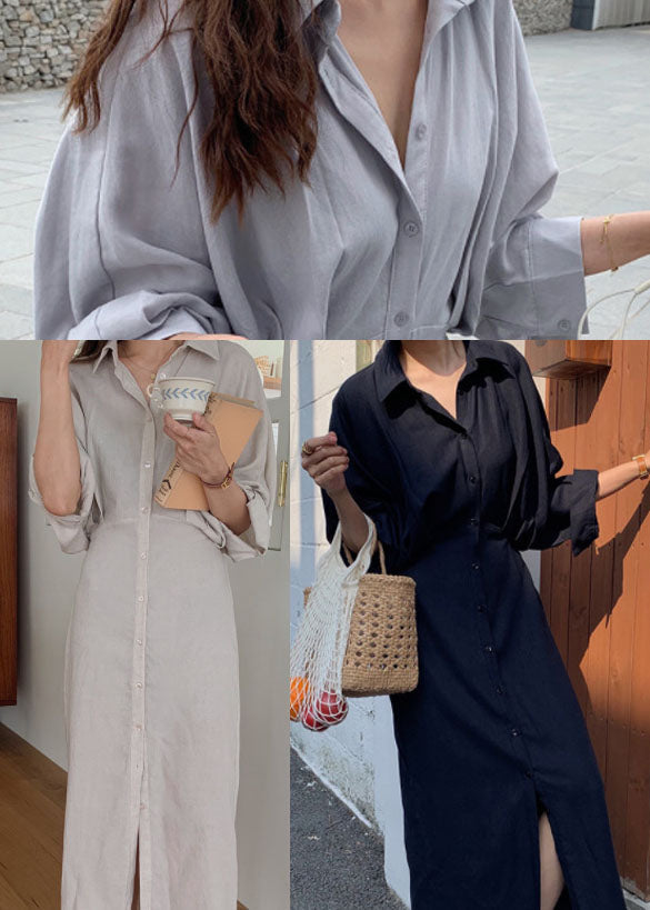 Einfaches schwarzes Peter-Pan-Kragen-Schnür-Taille-Baumwoll-langes Kleid Frühling