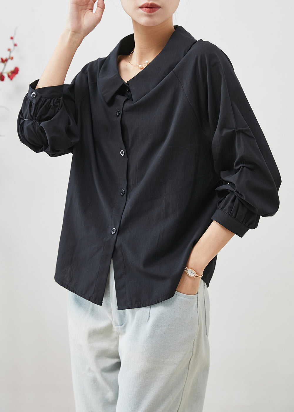 Einfache Schwarze Peter Pan Kragen Zerknitterte Baumwolle Tops Sommer