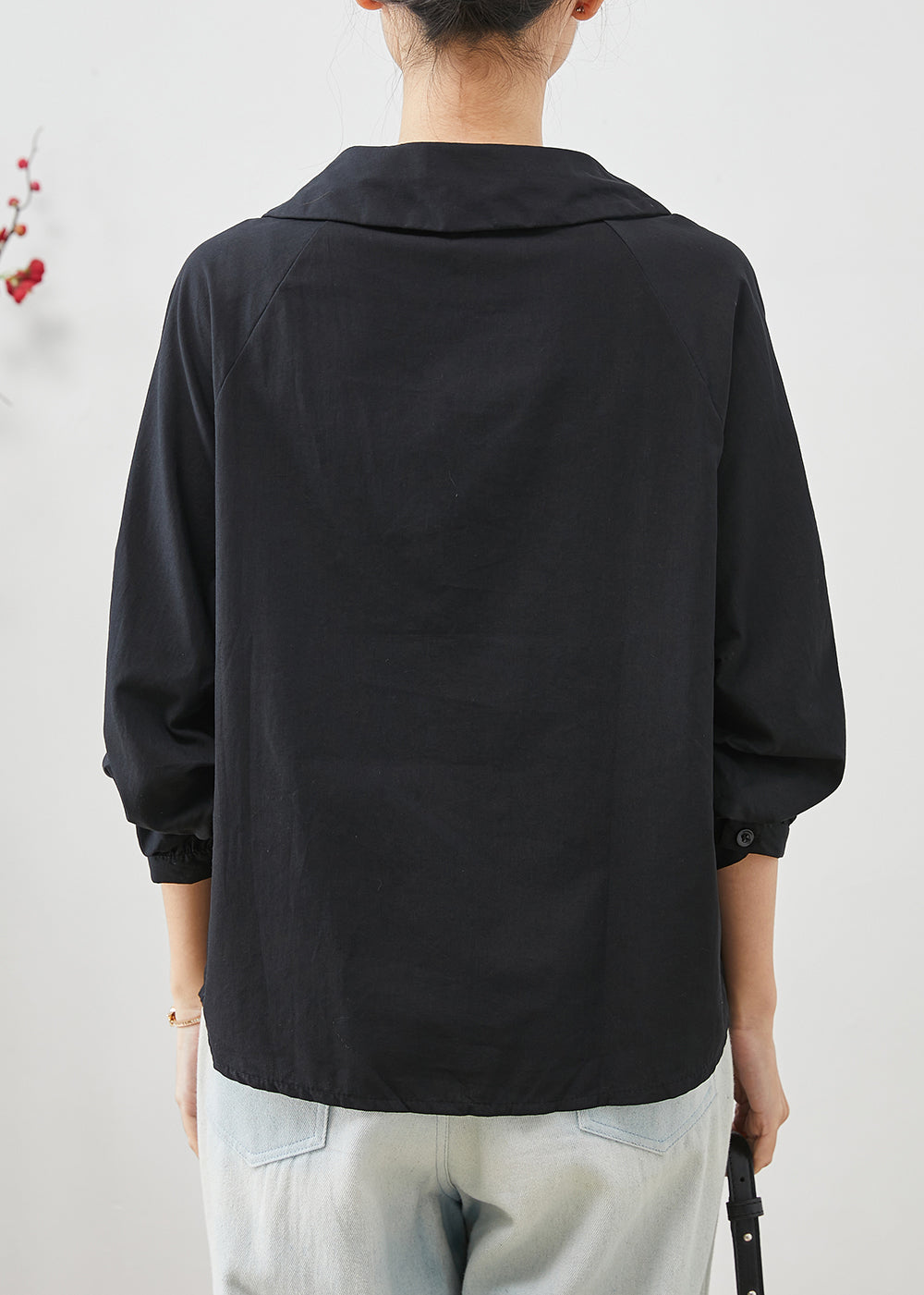 Einfache Schwarze Peter Pan Kragen Zerknitterte Baumwolle Tops Sommer