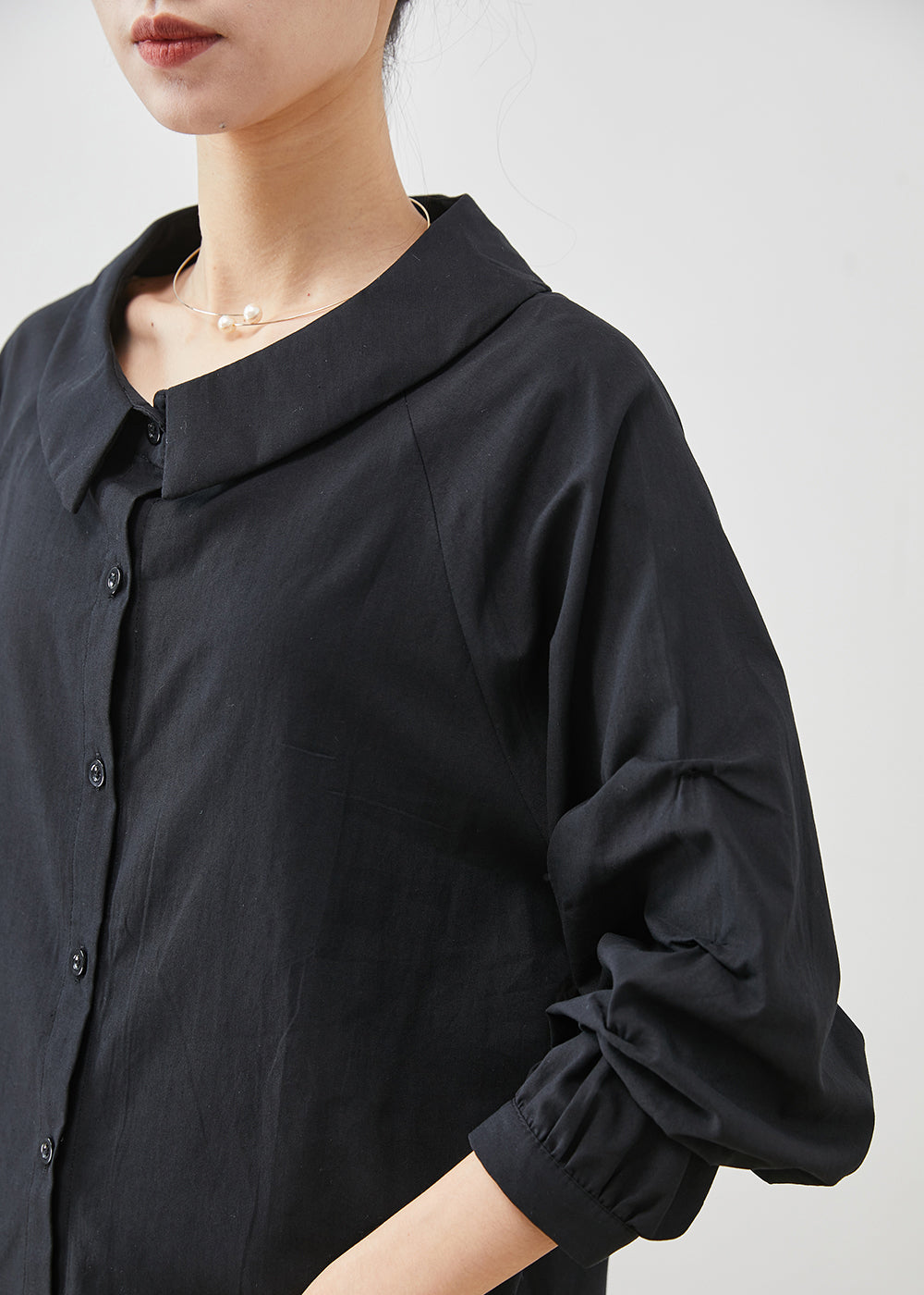 Einfache Schwarze Peter Pan Kragen Zerknitterte Baumwolle Tops Sommer