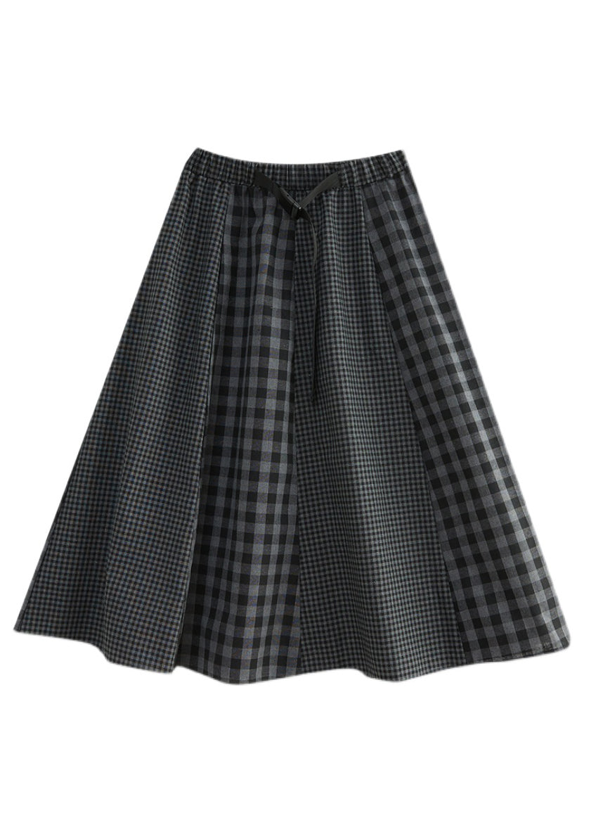 Einfache Schwarz Plaid elastische taille Patchwork A Linie Rock Frühling