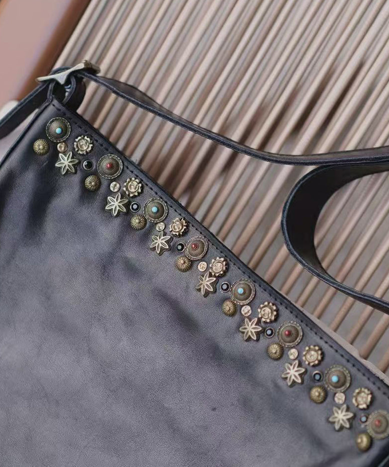 Simple Black Rivet Leather Messenger Bag