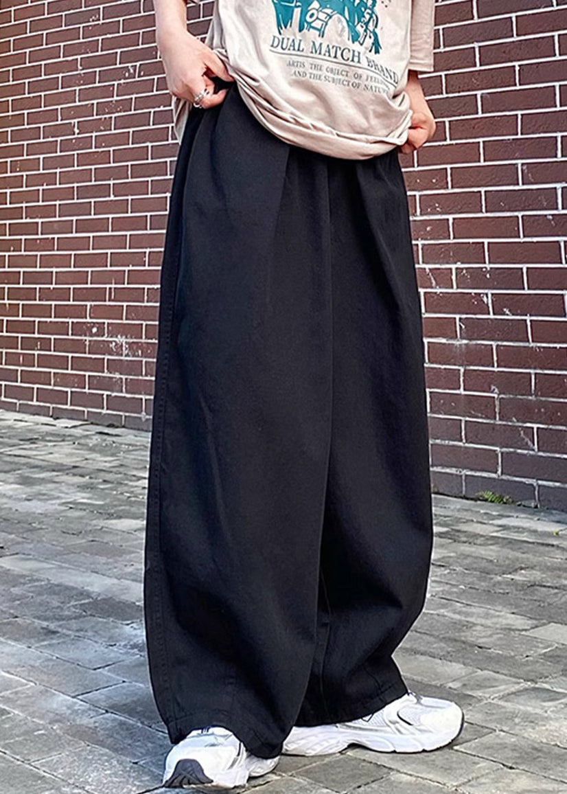 Simple Black Solid Elastic Waist Cotton Men Pants Summer