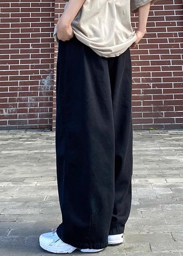 Simple Black Solid Elastic Waist Cotton Men Pants Summer