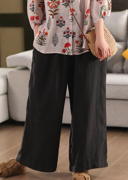 Simple Black Solid Elastic Waist Linen Pants Summer