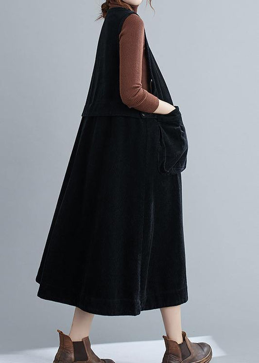Simple Black Tunic V Neck Sleeveless Maxi Spring Dress - SooLinen
