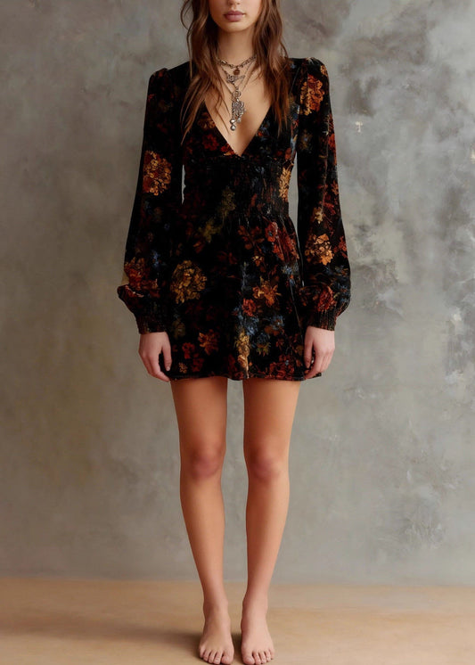 Simple Black V Neck Print Elastic Waist Mini Dress Long Sleeve