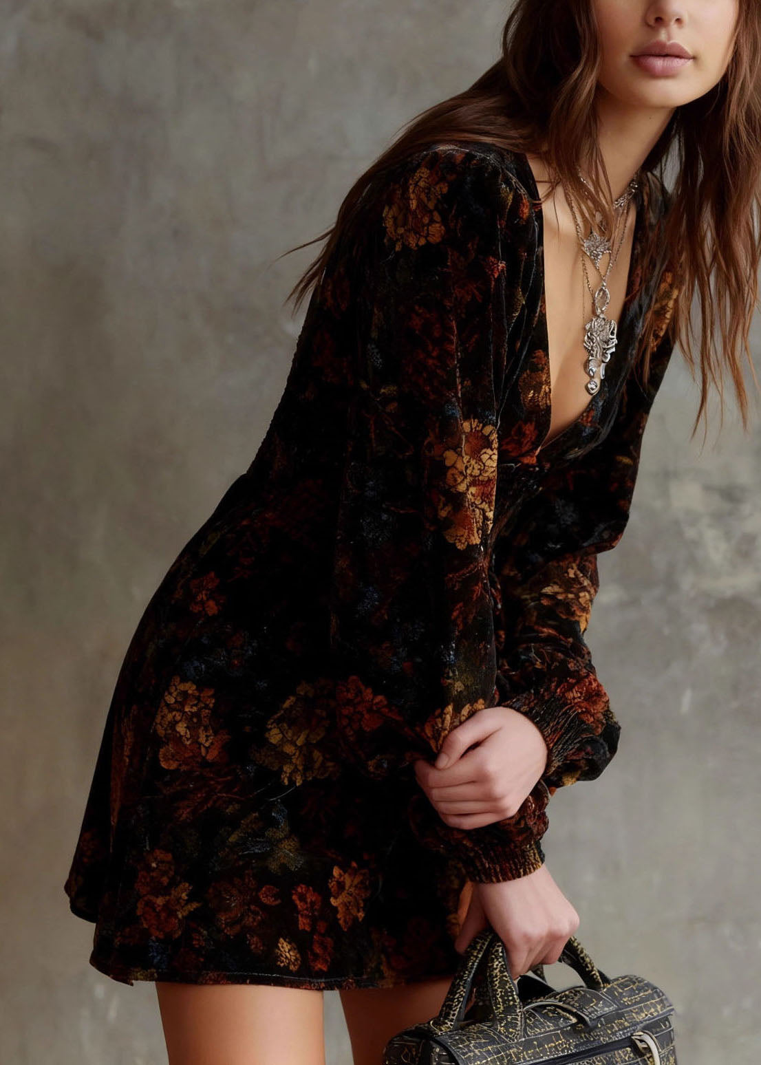 Simple Black V Neck Print Elastic Waist Mini Dress Long Sleeve