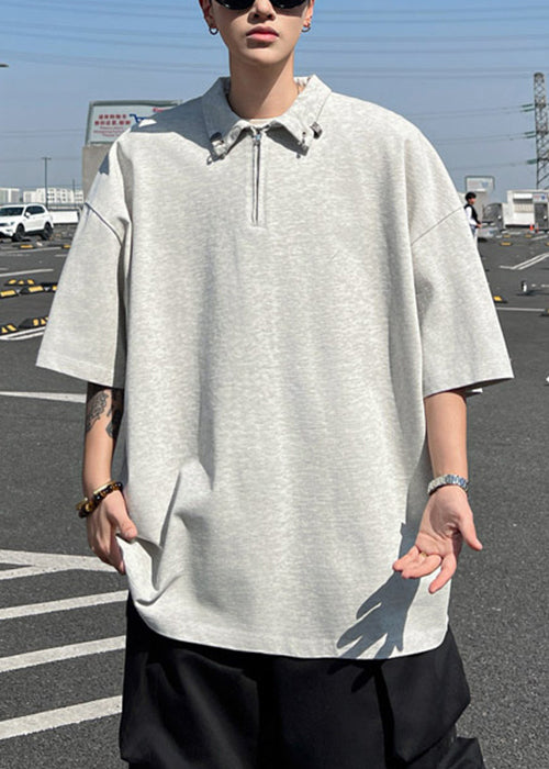 Simple Black Zip Up Letter Solid Cotton Men Polo Shirts Summer