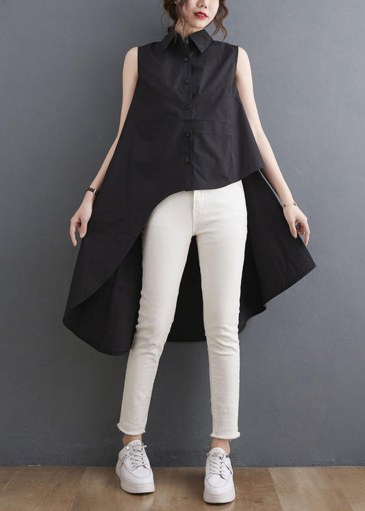 Simple Black asymmetrical design low high design Summer Blouses - SooLinen