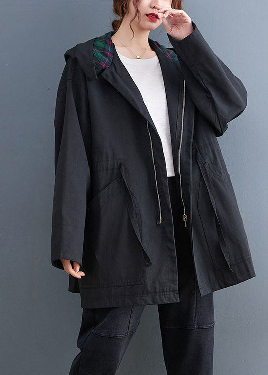 Einfache schwarze Mode Casual Reißverschluss Herbst Kapuzen Trenchcoats