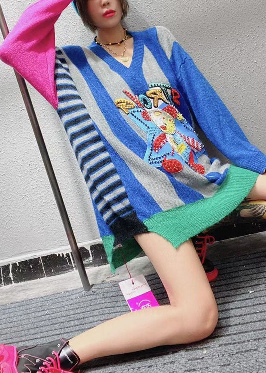 Einfacher blauer, lockerer Nagelperlen-Patchwork-Herbst-Strickpullover