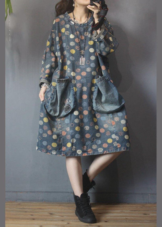 Simple Blue Print Pockets Denim Long Summer Cotton Dress - SooLinen