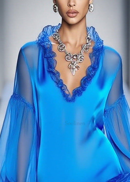 Simple Blue Ruffled Patchwork Chiffon Mini Dress Spring