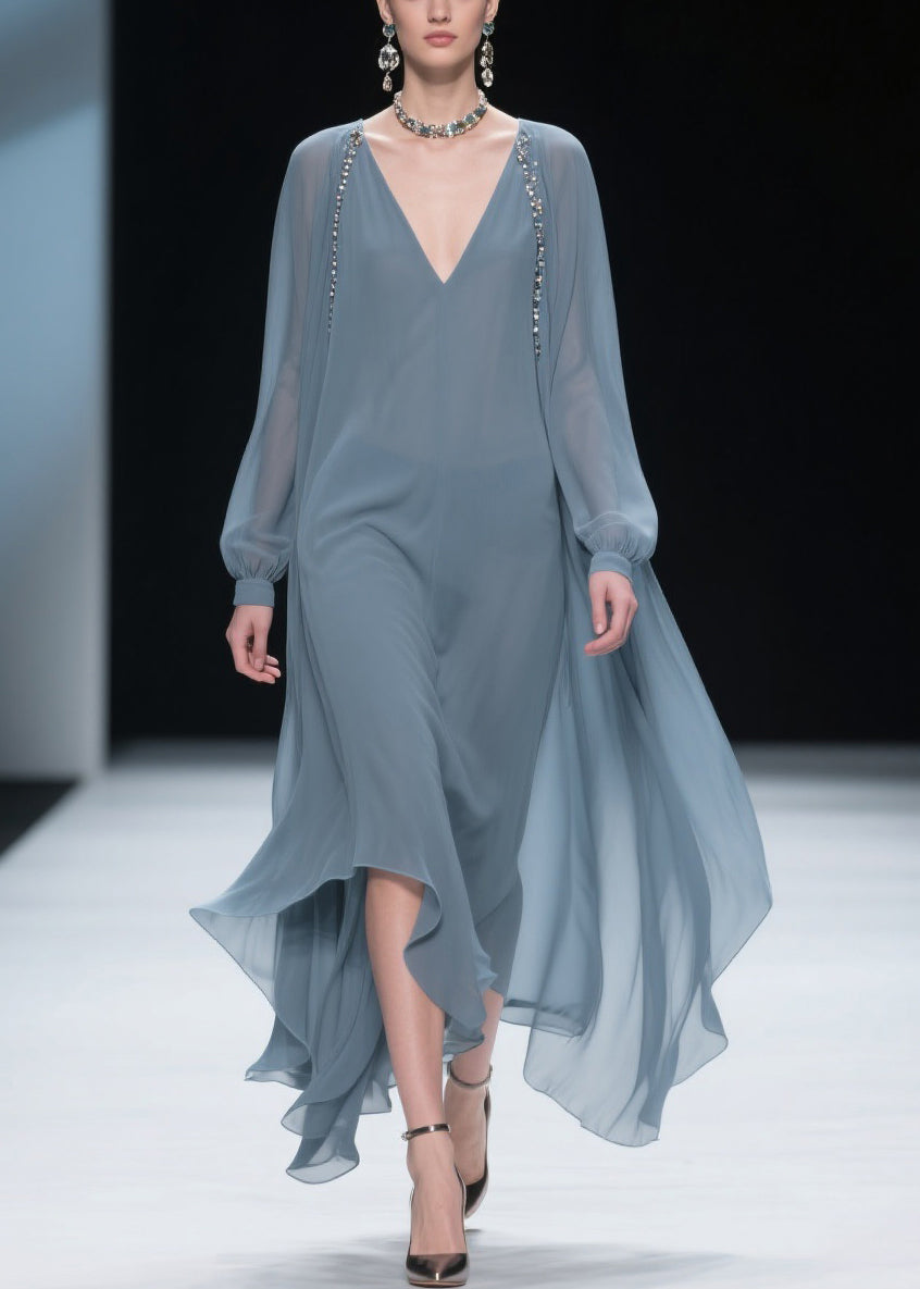 Simple Blue V Neck Solid Chiffon Long Dress Spring