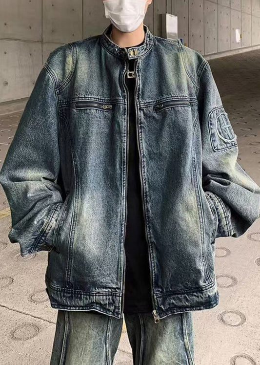 Simple Blue Zip Up Original Design Denim Mens Coats Fall