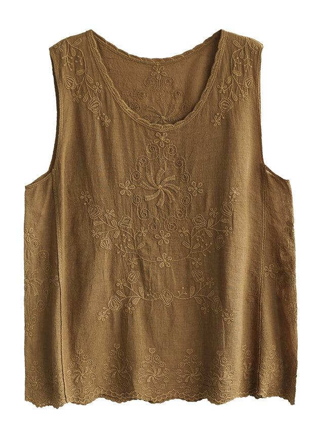 Einfache Braun Gelb O-Neck Baumwolle Tops Sommer