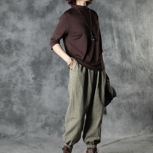 Simple Chocolate Loose Fall Cotton Half Sleeve Tops