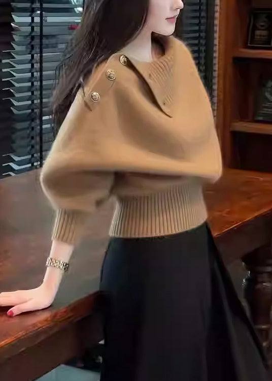 Suéter de punto acogedor con botones de café sencillo para invierno