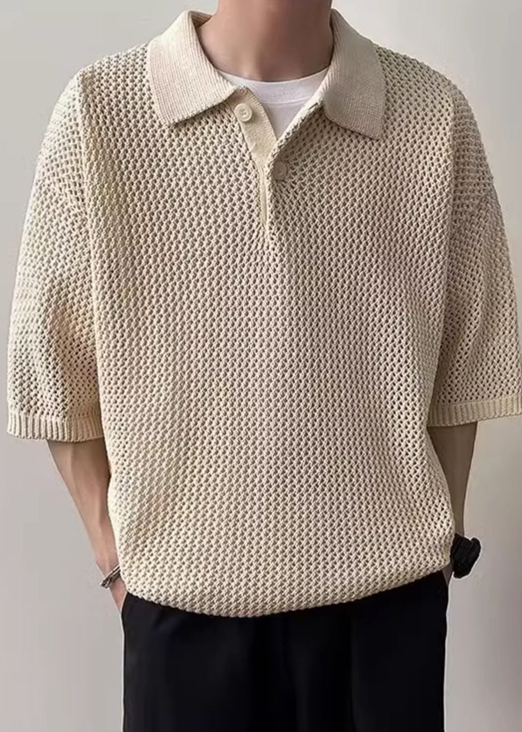 Simple Coffee Button Hollow Out Knit Polo Shirts Men Summer