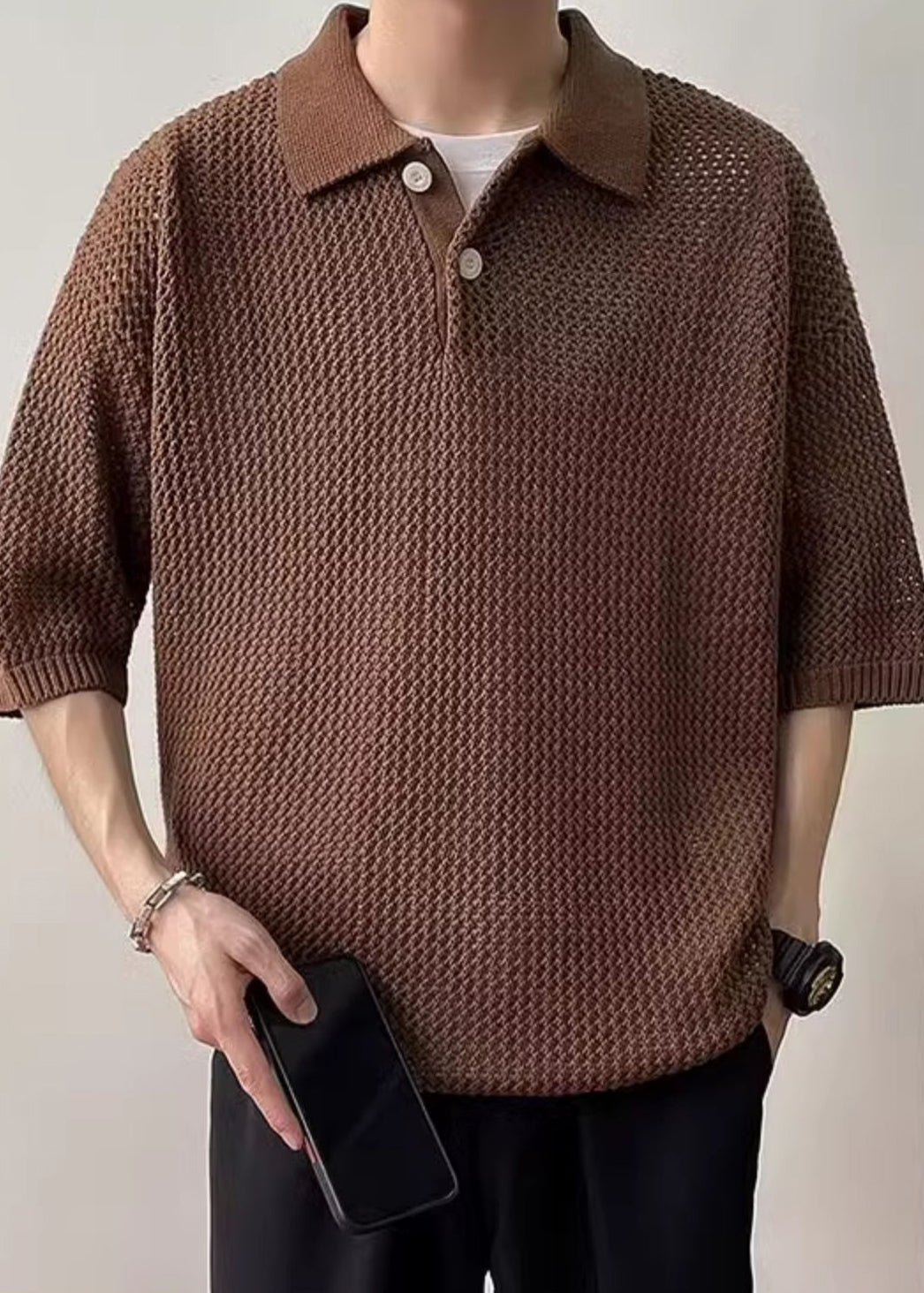 Simple Coffee Button Hollow Out Knit Polo Shirts Men Summer