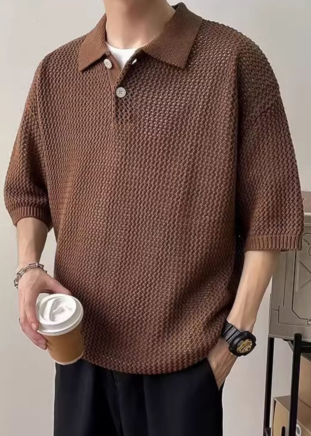 Simple Coffee Button Hollow Out Knit Polo Shirts Men Summer