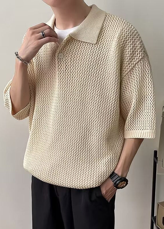 Simple Coffee Button Hollow Out Knit Polo Shirts Men Summer