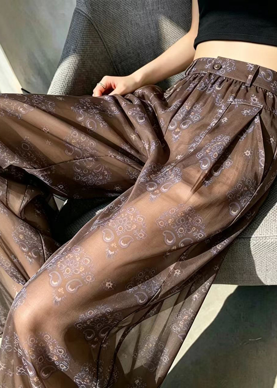 Simple Coffee High Waist Print Sheer Chiffon Pants Summer