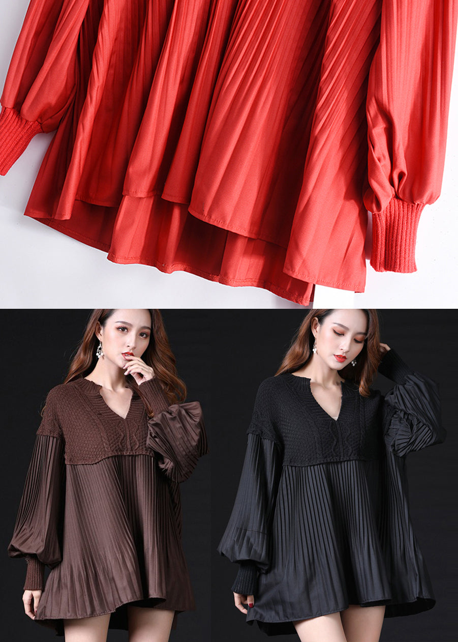 Einfache Schokoladen-Rüschen-Strickoberteile mit Laternenärmeln