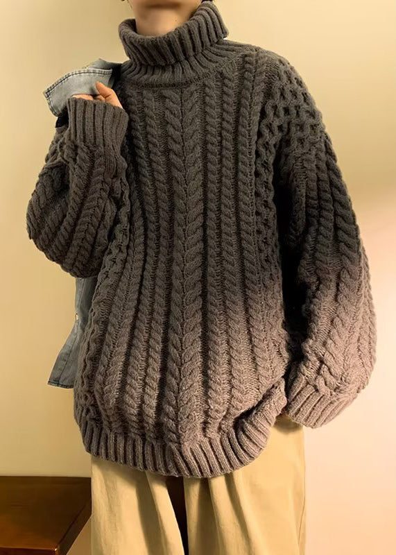 Simple Dark Gray Turtleneck Thick Cable Cotton Knit Men Sweater Winter