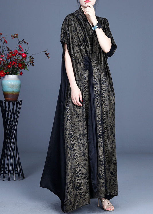 Einfaches grünes V-Ausschnitt-Mode-Print-Patchwork-Kleid Frühling