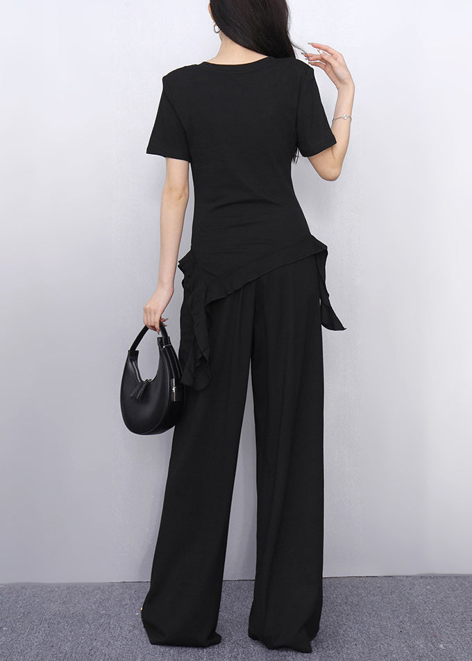 Simple Grey Asymmetrical T Shirts And Wide Leg Pants Cotton Two Piece Set Summer