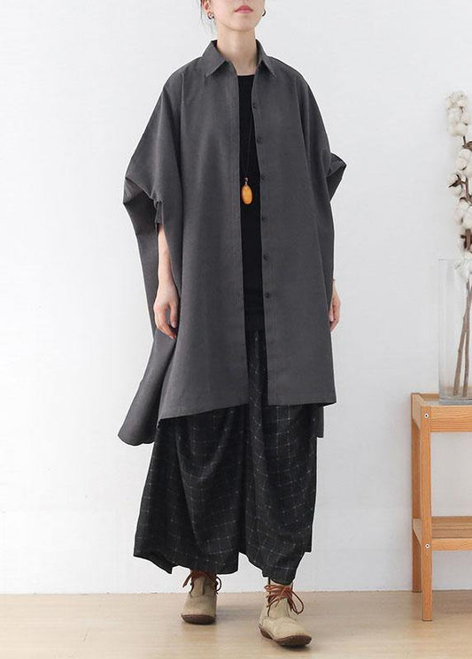 Simple Grey Bat wing Sleeve Button Fall Loose Coat - SooLinen