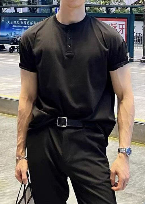 Simple Grey Button Solid Cotton T Shirts Men Summer