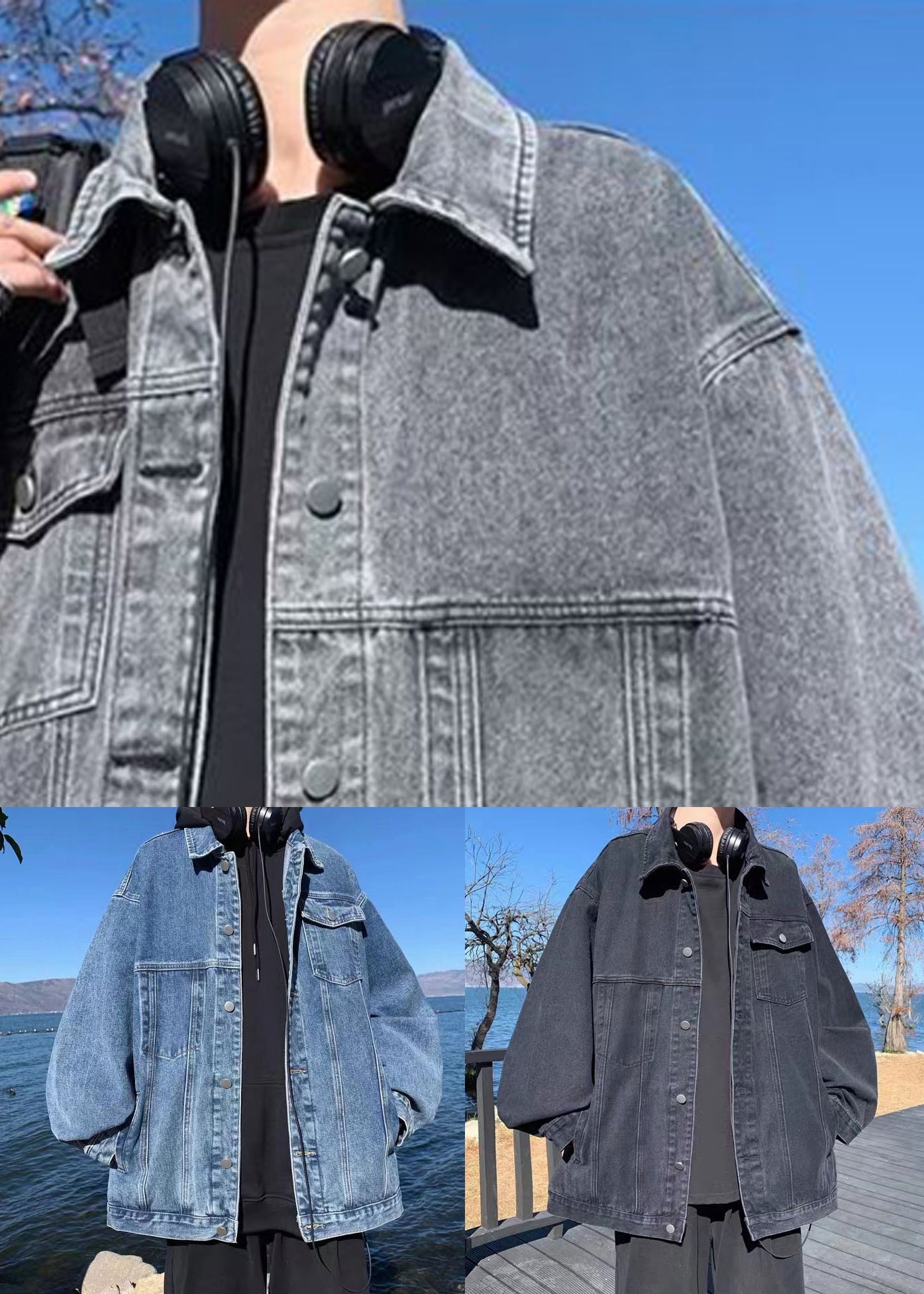 Simple Grey Pockets Solid Oversized Denim Mens Coats