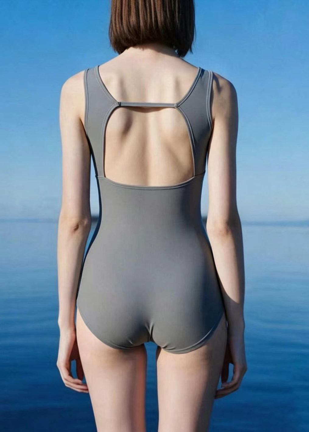 Simple Grey U Neck Backless Swimwear Bodysuit