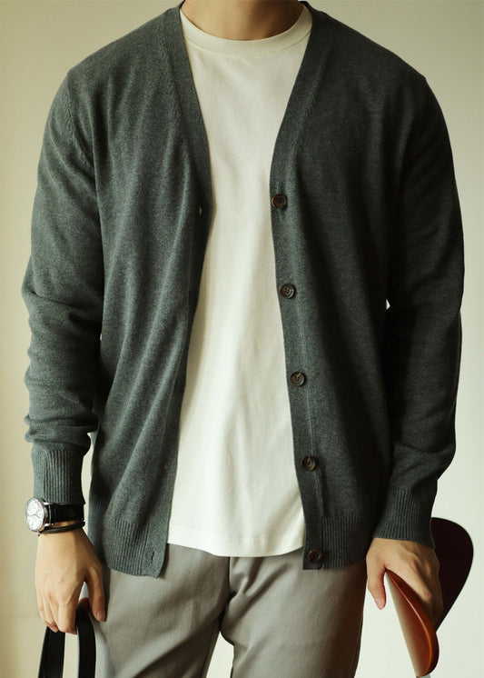 Simple Grey V Neck Button Knit Men Cardigan Spring