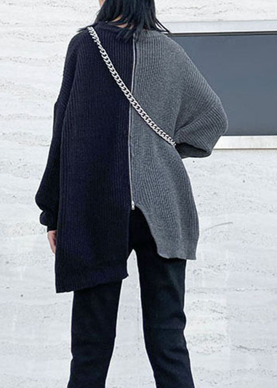 Einfacher grauer seitlich offener Reißverschluss Patchwork Strickpullover Frühling