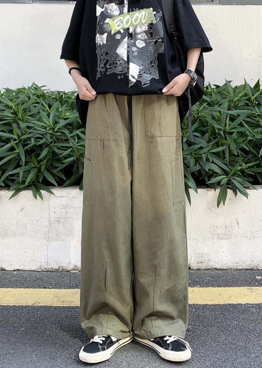 Simple Khaki Pockets Elastic Waist Cotton Mens Wide Leg Pants Summer