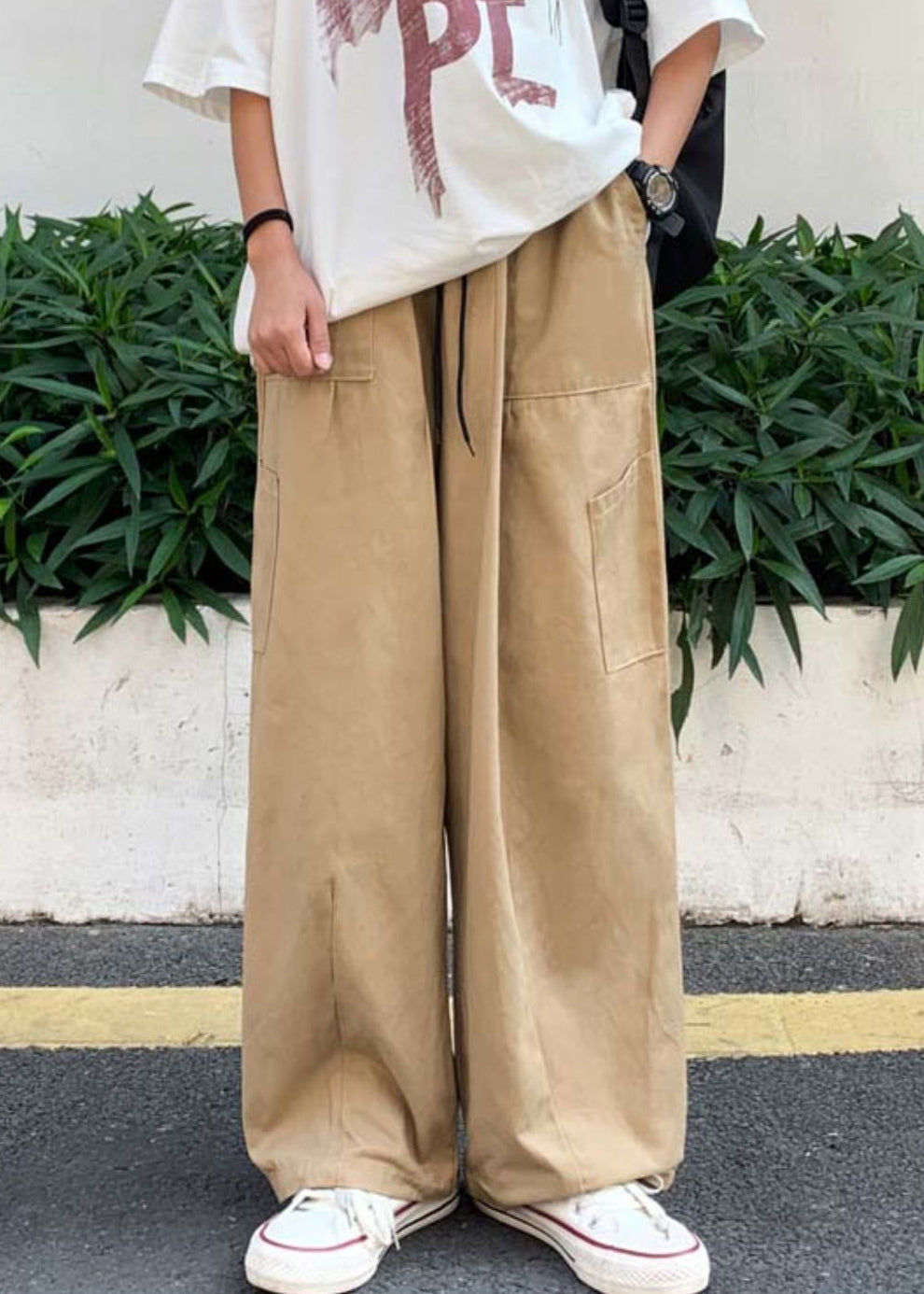 Simple Khaki Pockets Elastic Waist Cotton Mens Wide Leg Pants Summer