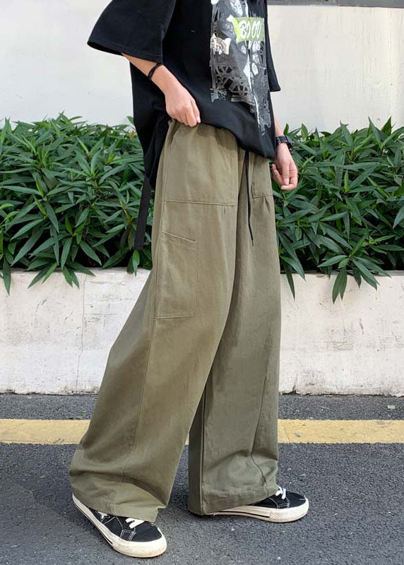 Simple Khaki Pockets Elastic Waist Cotton Mens Wide Leg Pants Summer