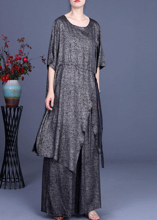 Simple Khaki Print Silk tie waist Wide Leg Two Pieces Set - SooLinen