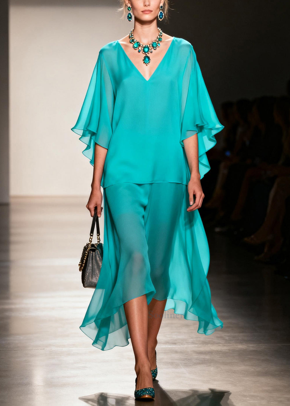 Simple Lake Green Oversized Patchwork Chiffon Fake Two Piece Dresses Summer
